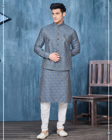 Blue Banarasi Art Silk Man Kurta Pajama With Embroidered Jacket