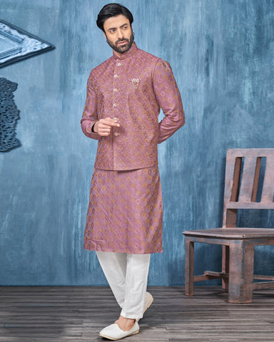 Onion Pink Banarasi Art Silk Man Kurta Pajama With Embroidered Jacket