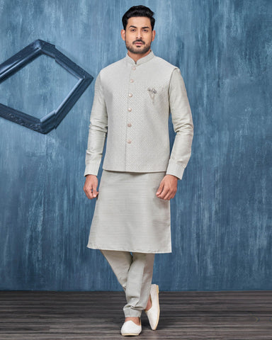 Grey Banarasi Art Silk Man Kurta Pajama With Embroidered Jacket