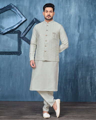 Grey Banarasi Art Silk Man Kurta Pajama With Embroidered Jacket