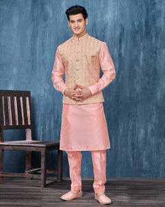 Pink Banarasi Art Silk Man Kurta Pajama With Jacquard Jacket