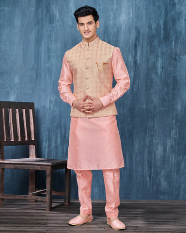 Pink Banarasi Art Silk Man Kurta Pajama With Jacquard Jacket
