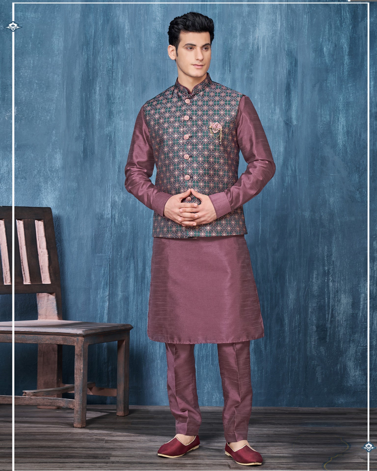 Wine Banarasi Art Silk Man Kurta Pajama With Jacquard Jacket