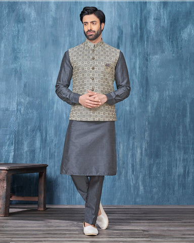 Grey Banarasi Art Silk Man Kurta Pajama With Jacquard Jacket