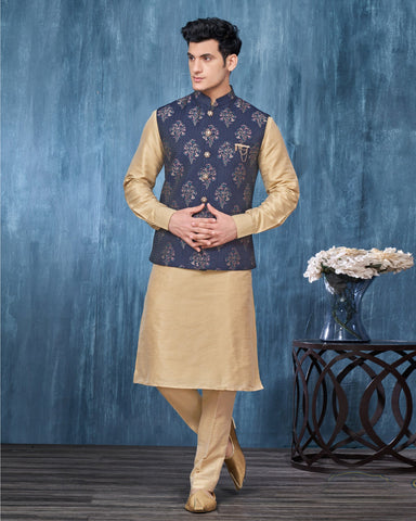 Golden Banarasi Art Silk Man Kurta Pajama With Navy Blue Jacquard Jacket