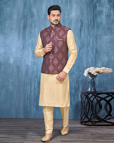 Golden Banarasi Art Silk Man Kurta Pajama With Wine Jacquard Jacket