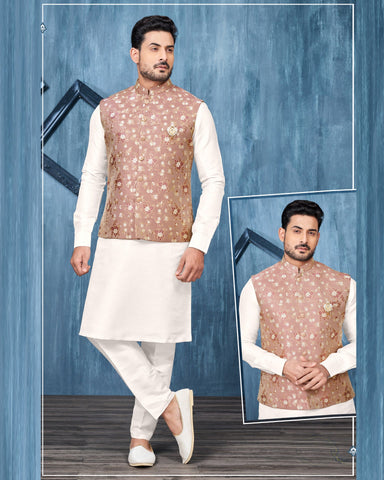 White Banarasi Art Silk Man Kurta Pajama With Maroon Jacquard Jacket