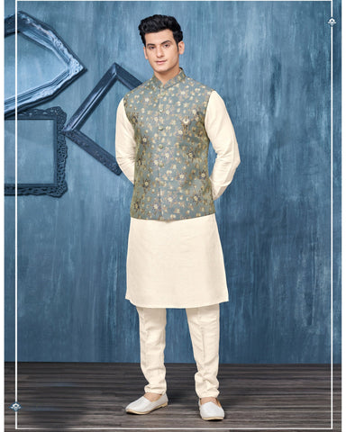 Off White Banarasi Art Silk Man Kurta Pajama With Blue Jacquard Jacket