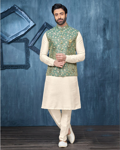 Off White Banarasi Art Silk Man Kurta Pajama With Green Jacquard Jacket