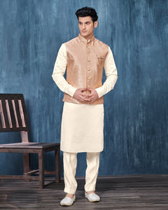 White Banarasi Art Silk Man Kurta Pajama With Peach Jacquard Jacket