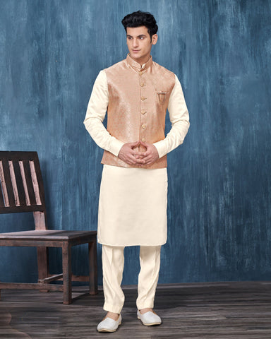 White Banarasi Art Silk Man Kurta Pajama With Peach Jacquard Jacket