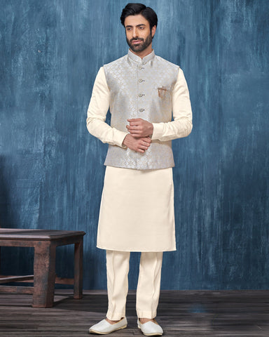 White Banarasi Art Silk Man Kurta Pajama With Grey Jacquard Jacket