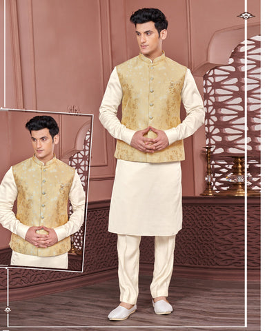 White Banarasi Art Silk Man Kurta Pajama With Yellow Jacquard Jacket