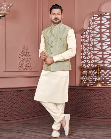 White Banarasi Art Silk Man Kurta Pajama With Green Jacquard Jacket