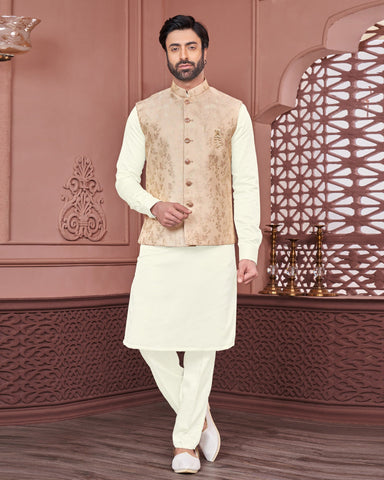 Off White Banarasi Art Silk Man Kurta Pajama With Peach Jacquard Jacket