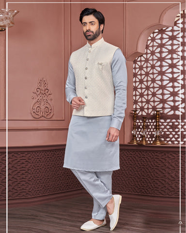 Blue Banarasi Art Silk Man Kurta Pajama With Cream Jacquard Jacket