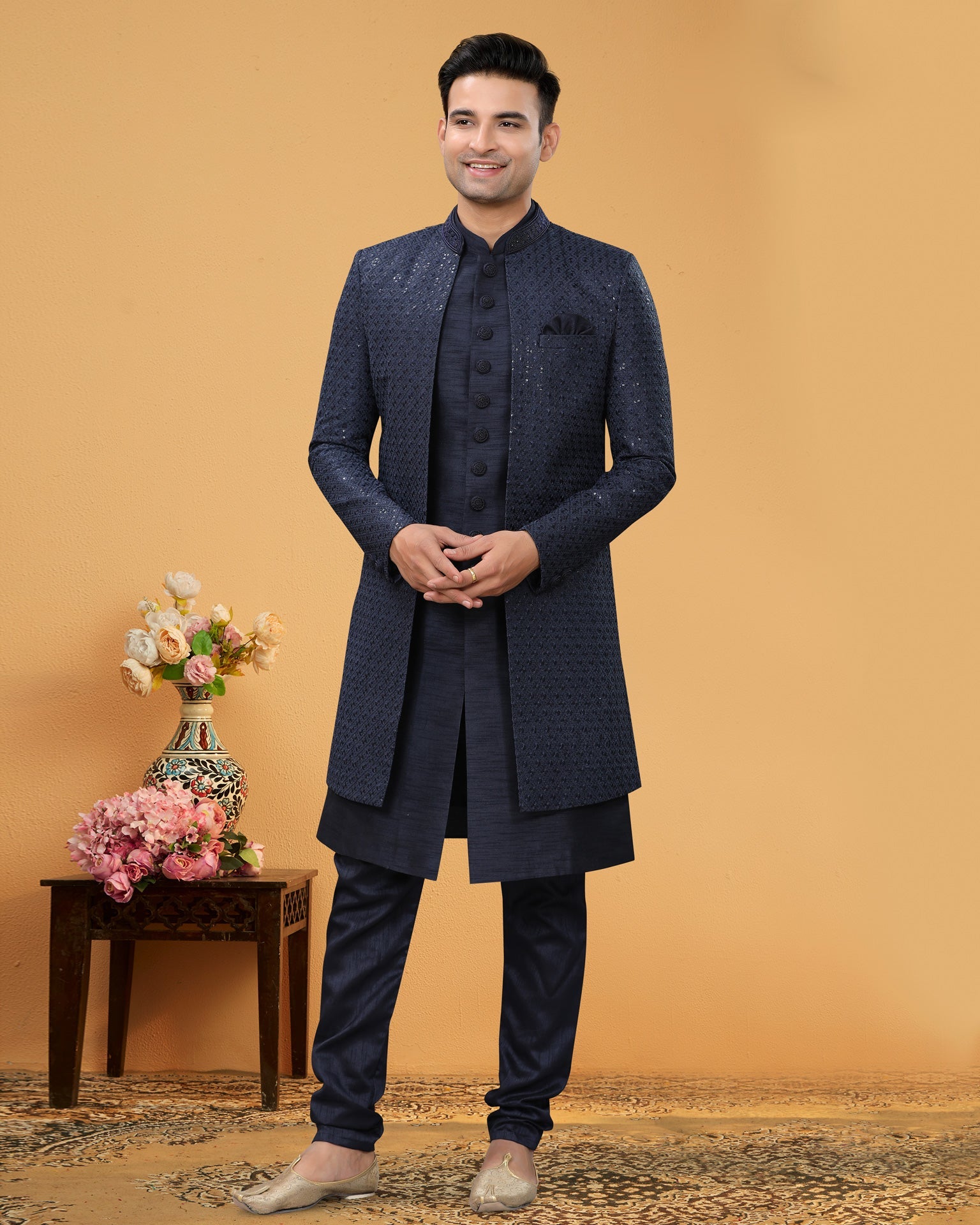 Navy Blue Art Silk Indo Western Man Partywear Churidar Kurta With