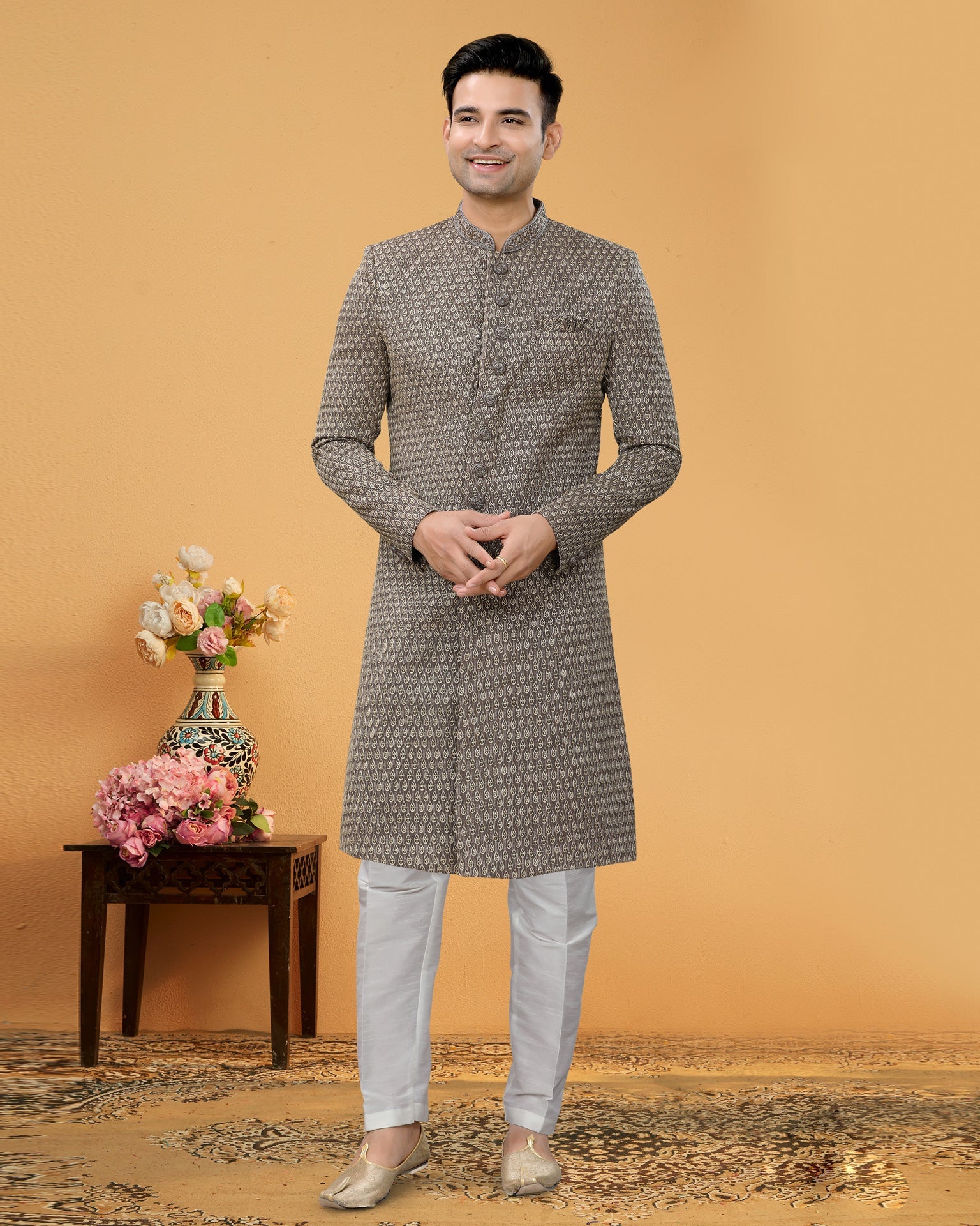 Grey Men Indowestern Sherwani With White Art Silk Pajama