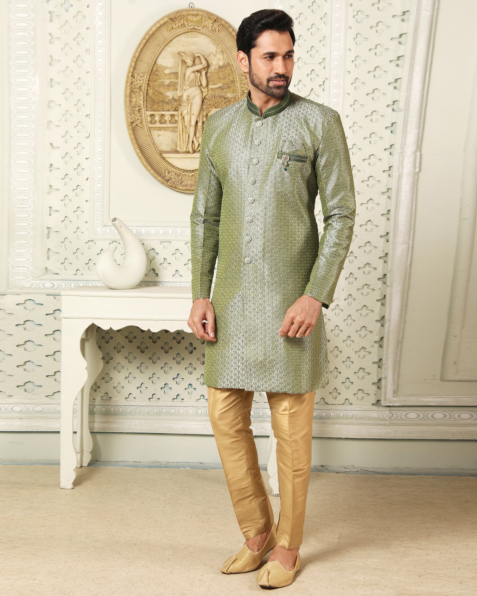 Green & Golden Indowestern Dress For Man