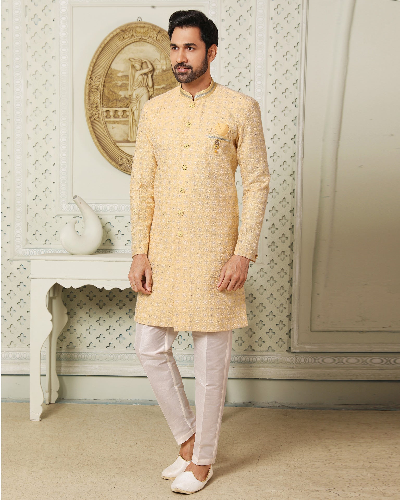 Yellow & Off White Indowestern Dress For Man