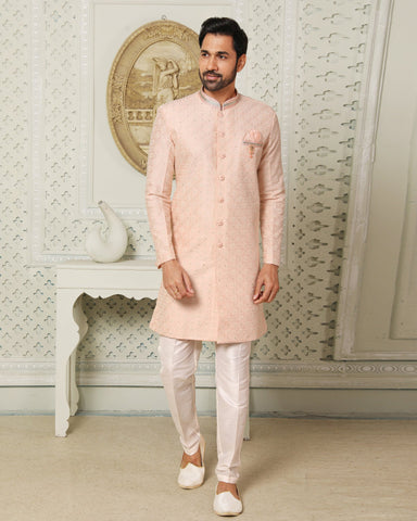 Pink & Off White Indowestern Dress For Man