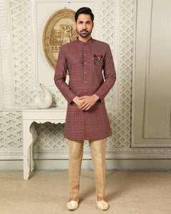 Maroon & Golden Indowestern Dress For Man
