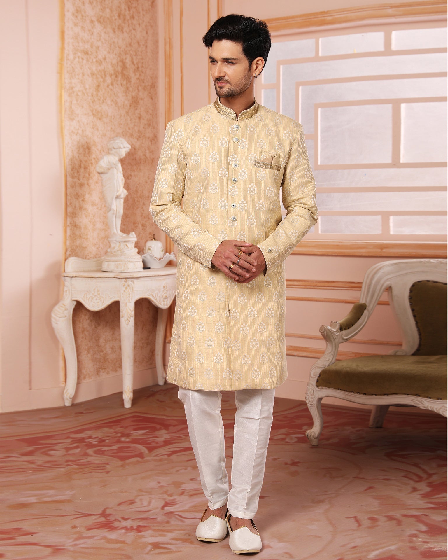 Yellow & White Indowestern Dress For Man