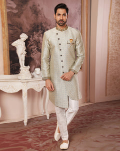 Cream White Brocade Indowestern Dress For Man