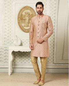 Dark Peach & Golden Indowestern Dress For Man