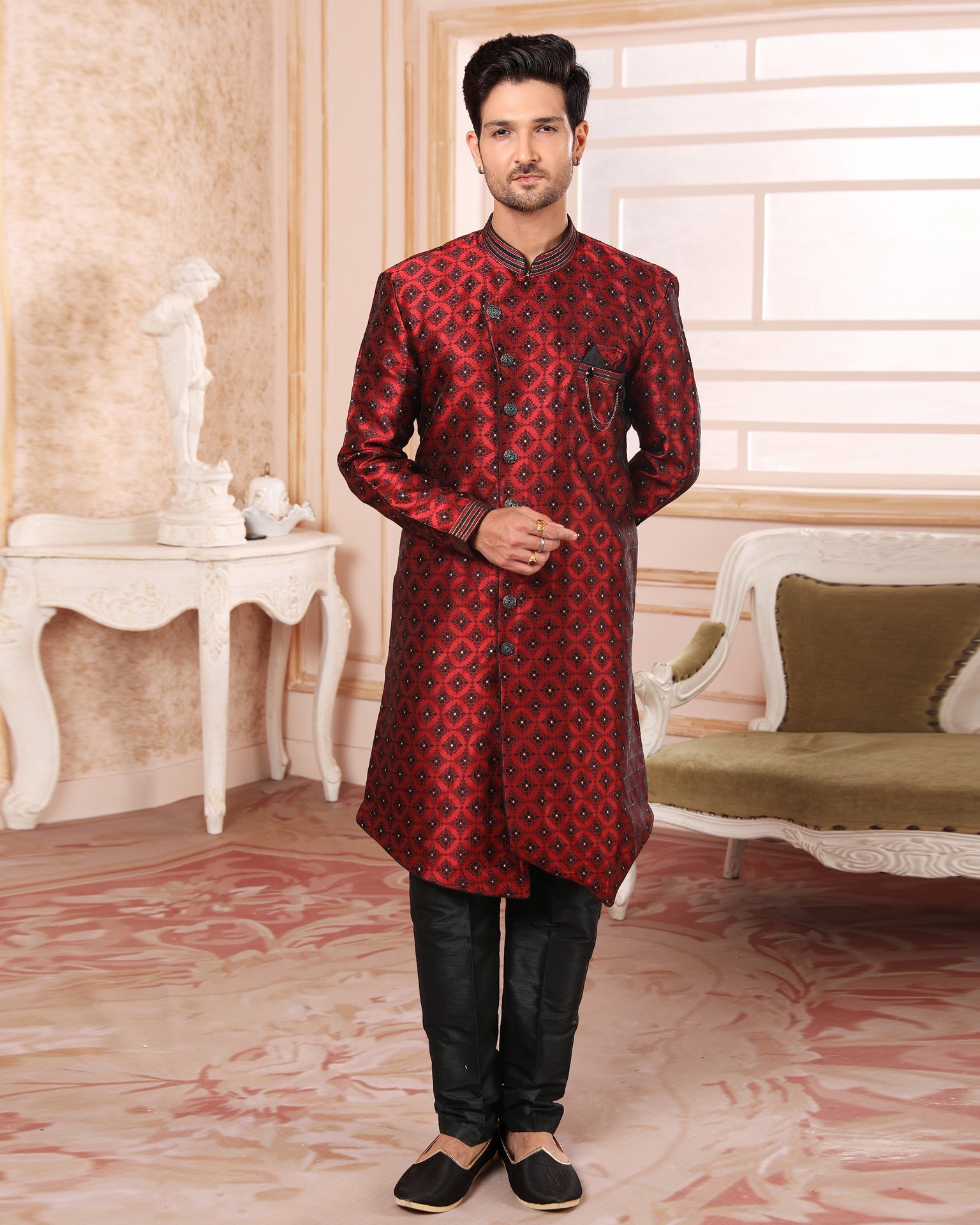Maroon Black Semi Silk brocade Indowestern Sherwani For Man