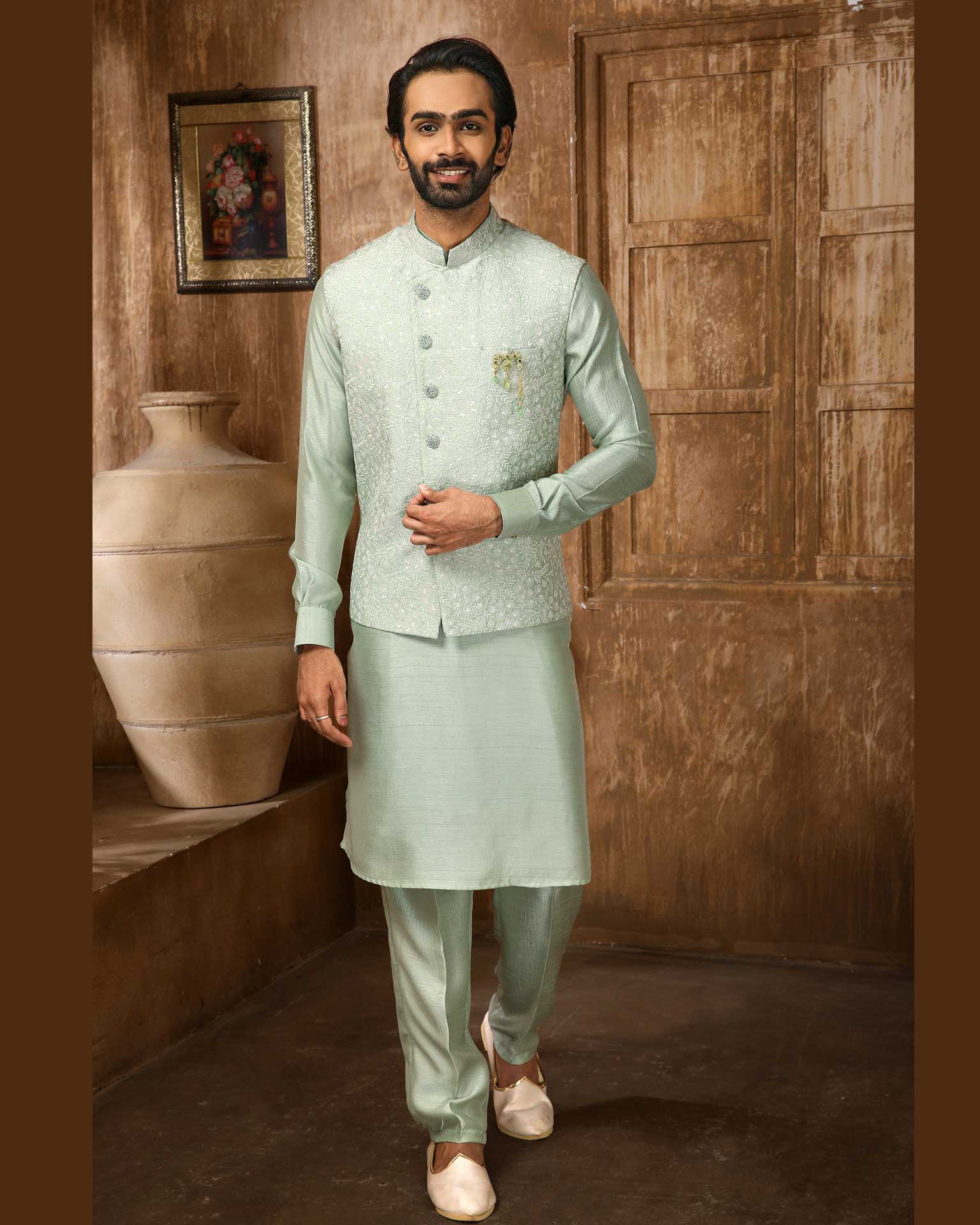 Shalwar Kameez Kurta Pajama Pista Colour Pista Green Silk Kurta