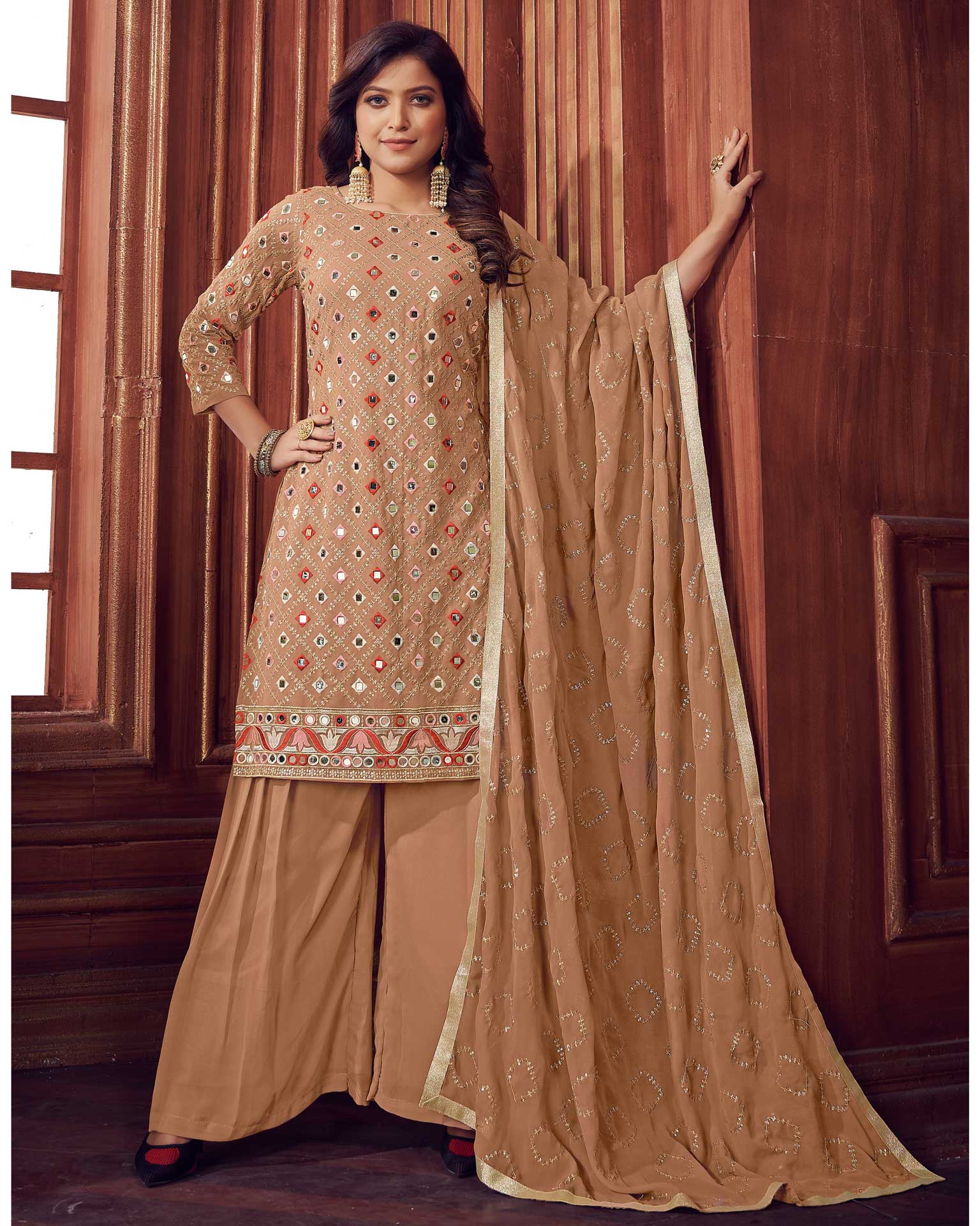 Beige Mirror Work Faux Georgette Palazzo Suit – Mehak Boutique