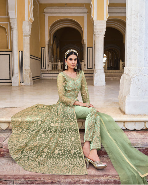 Sea Green Net Stone & Cord Embroidered Anarkali Suit With Dupatta