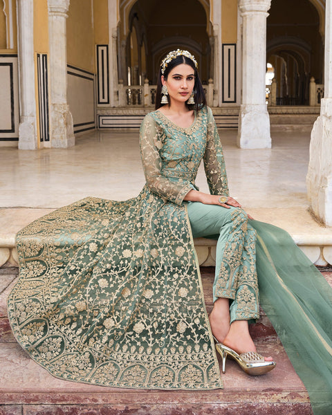 Green Net Stone & Cord Embroidered Anarkali Suit With Dupatta
