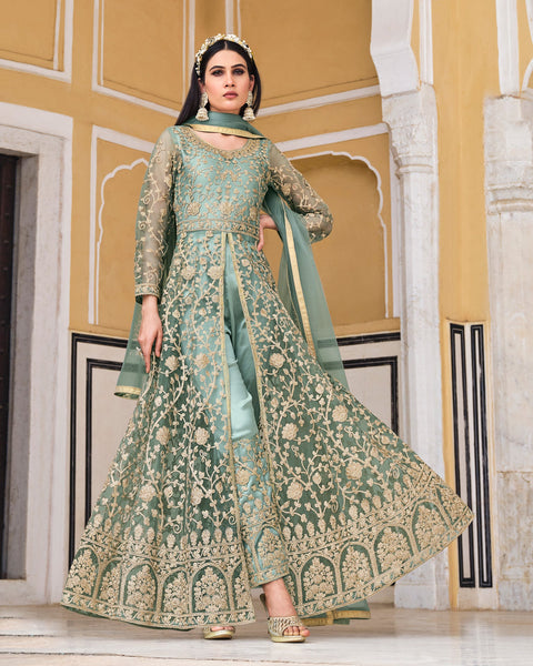 Green Net Stone & Cord Embroidered Anarkali Suit With Dupatta