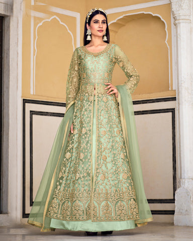 Sea Green Net Stone & Cord Embroidered Anarkali Suit With Dupatta