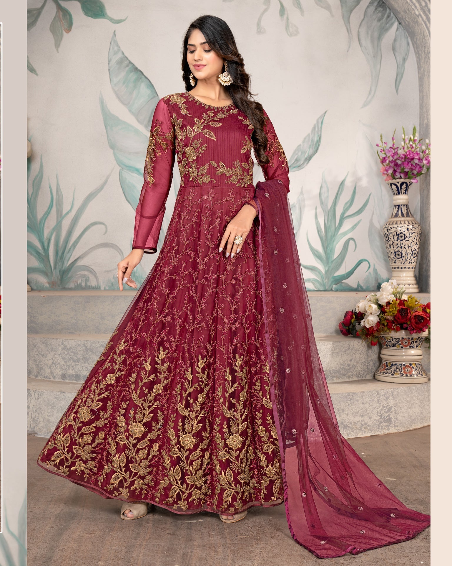 Maroon Net Anarkali Embroidered Suit Frock Suit With Dupatta
