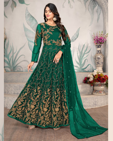 Green Wedding Wear Anarkali Frock Suit With Net Dupatta