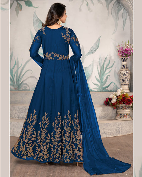 Blue Wedding Wear Anarkali Frock Suit With Net Dupatta