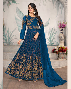 Blue Wedding Wear Anarkali Frock Suit With Net Dupatta