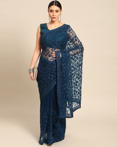 Navy Blue Net Thread Work Embroidered Saree With Matching Blouse