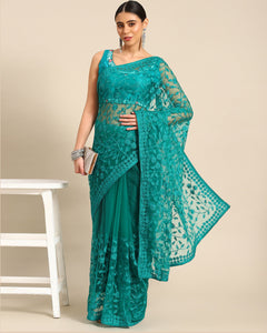 Sea Green Net Thread Work Embroidered Saree With Matching Blouse