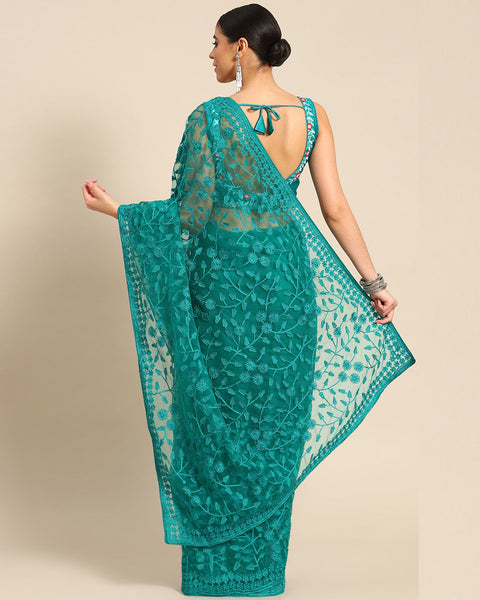 Sea Green Net Thread Work Embroidered Saree With Matching Blouse
