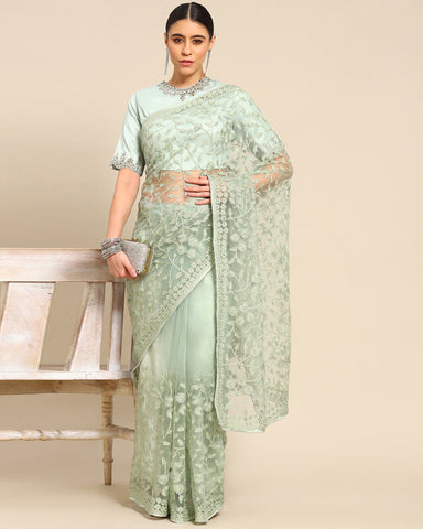 Green Net Thread Work Embroidered Saree With Matching Blouse