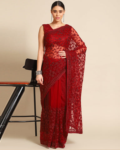 Maroon Net Thread Work Embroidered Saree With Matching Blouse