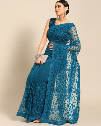 Blue Net Thread Work Embroidered Saree With Matching Blouse