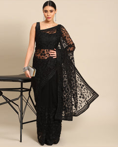 Black Net Thread Work Embroidered Saree With Matching Blouse
