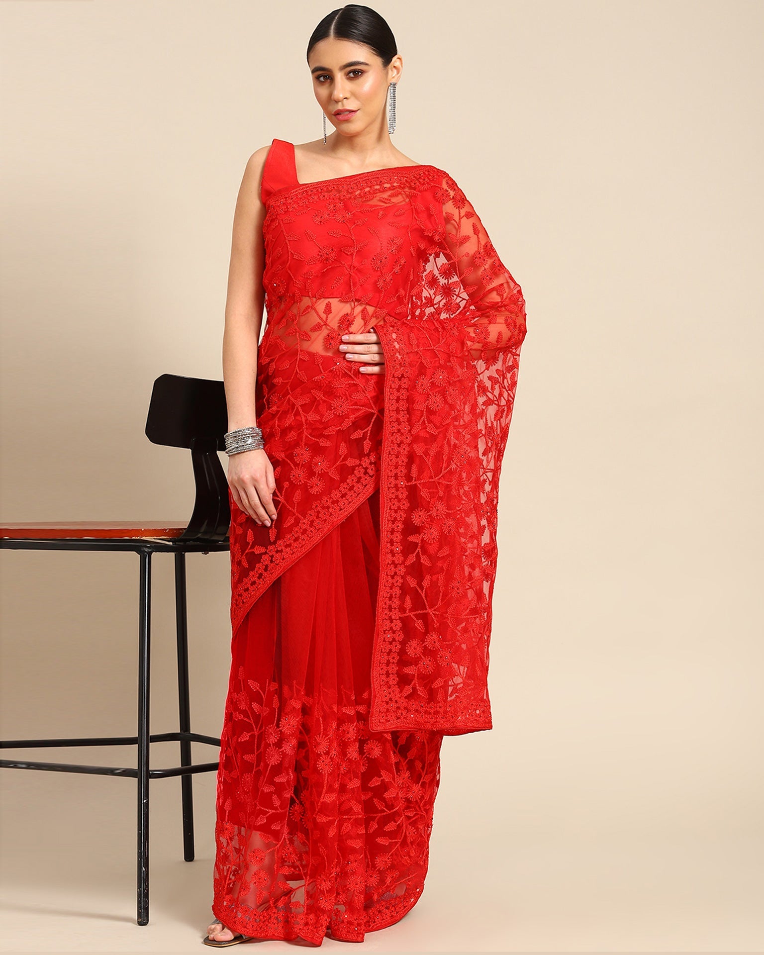 Red Net Thread Work Embroidered Saree With Matching Blouse