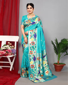 Sky Blue Paithani Saree With Silk Blouse