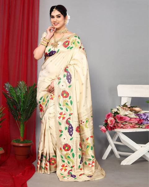 Cream Paithani Saree With Silk Blouse